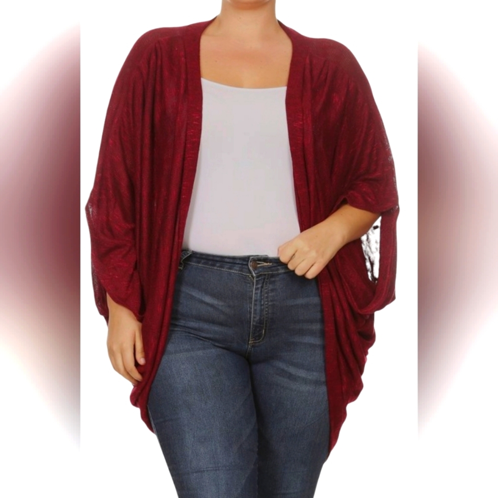 Curvaceous Open Cardigan w/ Kimono Sleeves - Burgundy